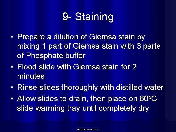 9 - Staining • Prepare a dilution of Giemsa stain by mixing 1 part