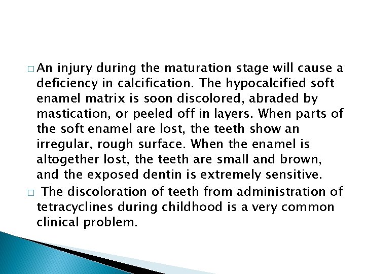 � An injury during the maturation stage will cause a deficiency in calcification. The
