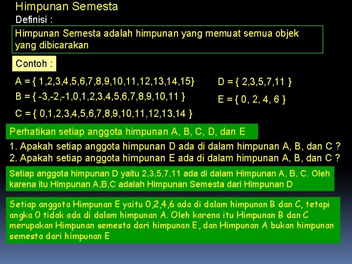 Himpunan Semesta Definisi : Himpunan Semesta adalah himpunan yang memuat semua objek yang dibicarakan Himpunan Semesta Definisi : Himpunan Semesta adalah himpunan yang memuat semua objek yang dibicarakan
