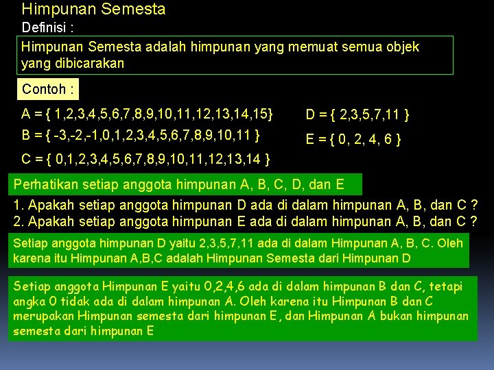 Himpunan Semesta Definisi : Himpunan Semesta adalah himpunan yang memuat semua objek yang dibicarakan