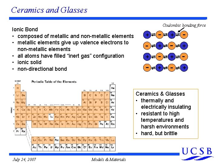 Ceramics and Glasses Ionic Bond • composed of metallic and non-metallic elements • metallic Ceramics and Glasses Ionic Bond • composed of metallic and non-metallic elements • metallic