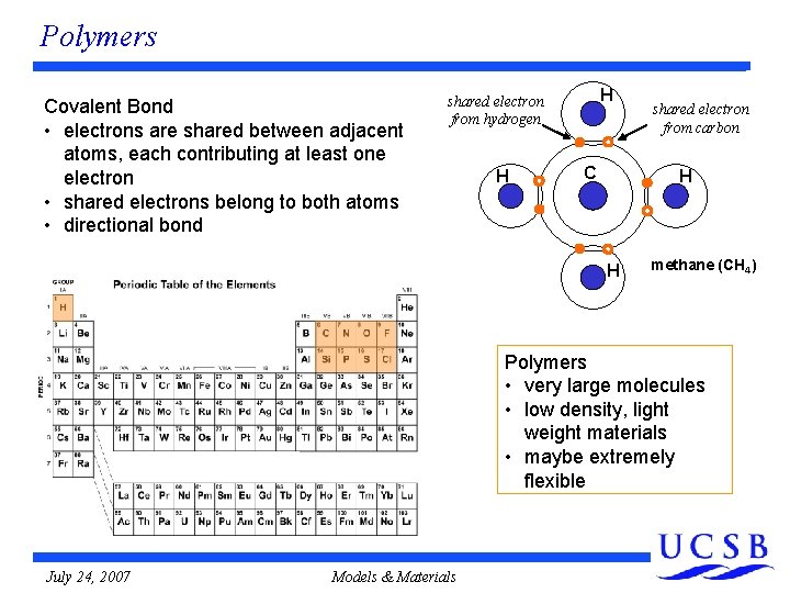 Polymers Covalent Bond • electrons are shared between adjacent atoms, each contributing at least Polymers Covalent Bond • electrons are shared between adjacent atoms, each contributing at least