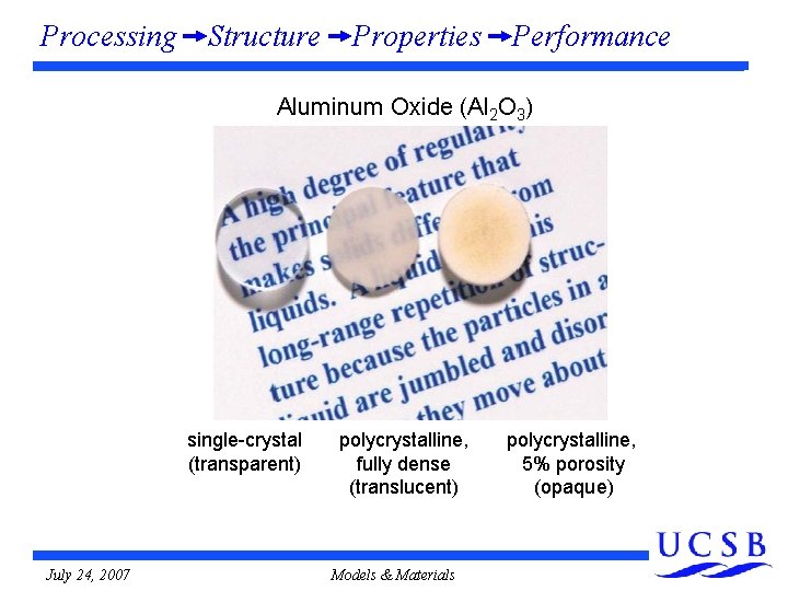 Processing Structure Properties Performance Aluminum Oxide (Al 2 O 3) single-crystal (transparent) July 24, Processing Structure Properties Performance Aluminum Oxide (Al 2 O 3) single-crystal (transparent) July 24,