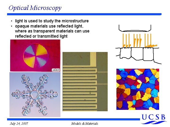 Optical Microscopy • light is used to study the microstructure • opaque materials use Optical Microscopy • light is used to study the microstructure • opaque materials use