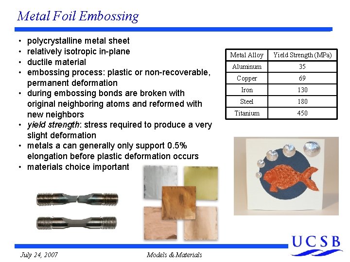 Metal Foil Embossing • • polycrystalline metal sheet relatively isotropic in-plane ductile material embossing Metal Foil Embossing • • polycrystalline metal sheet relatively isotropic in-plane ductile material embossing
