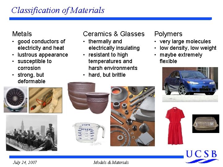 Classification of Materials Metals Ceramics & Glasses Polymers • good conductors of electricity and Classification of Materials Metals Ceramics & Glasses Polymers • good conductors of electricity and
