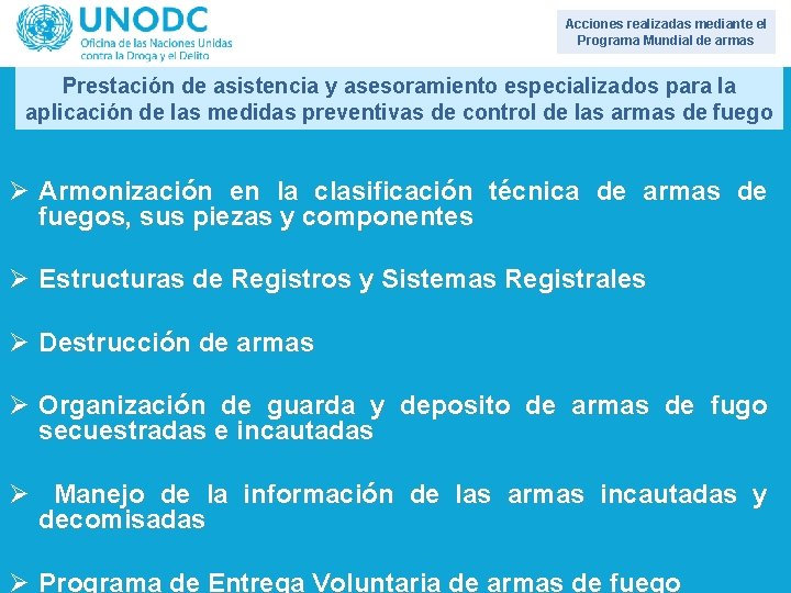 Acciones realizadas mediante el Programa Mundial de armas Prestación de asistencia y asesoramiento especializados