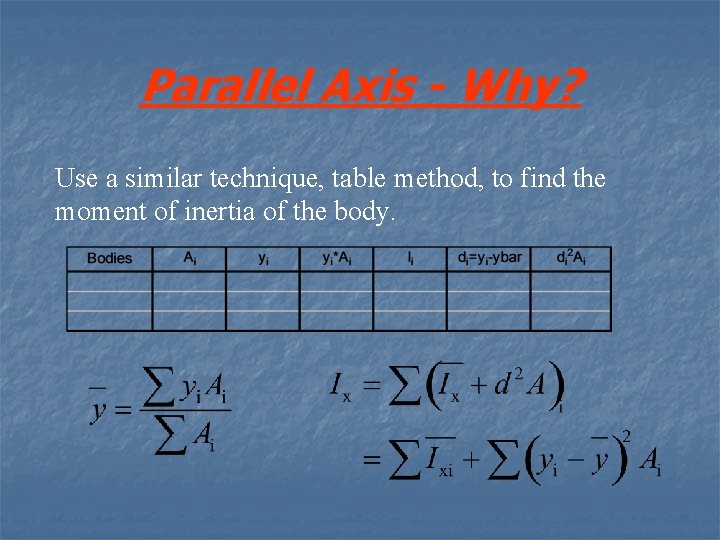 Parallel Axis - Why? Use a similar technique, table method, to find the moment