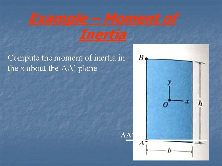 Example – Moment of Inertia Compute the moment of inertia in the x about