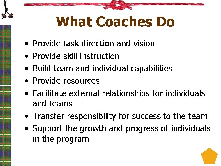 What Coaches Do • • • Provide task direction and vision Provide skill instruction