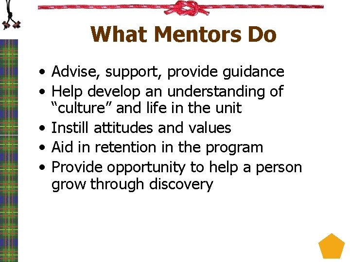What Mentors Do • Advise, support, provide guidance • Help develop an understanding of