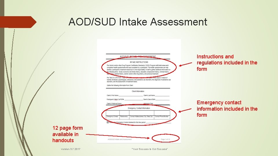 AOD/SUD Intake Assessment Instructions and regulations included in the form Emergency contact information included