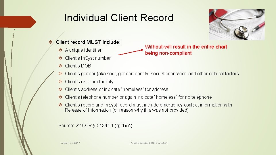 Individual Client Record Client record MUST include: Without-will result in the entire chart being