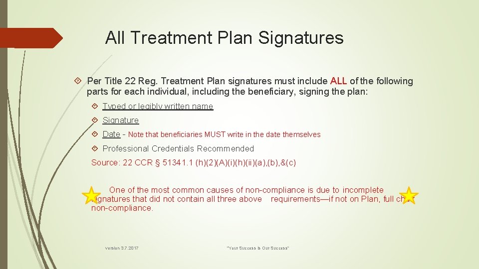 All Treatment Plan Signatures Per Title 22 Reg. Treatment Plan signatures must include ALL