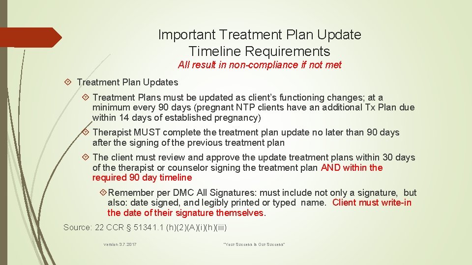 Important Treatment Plan Update Timeline Requirements All result in non-compliance if not met Treatment