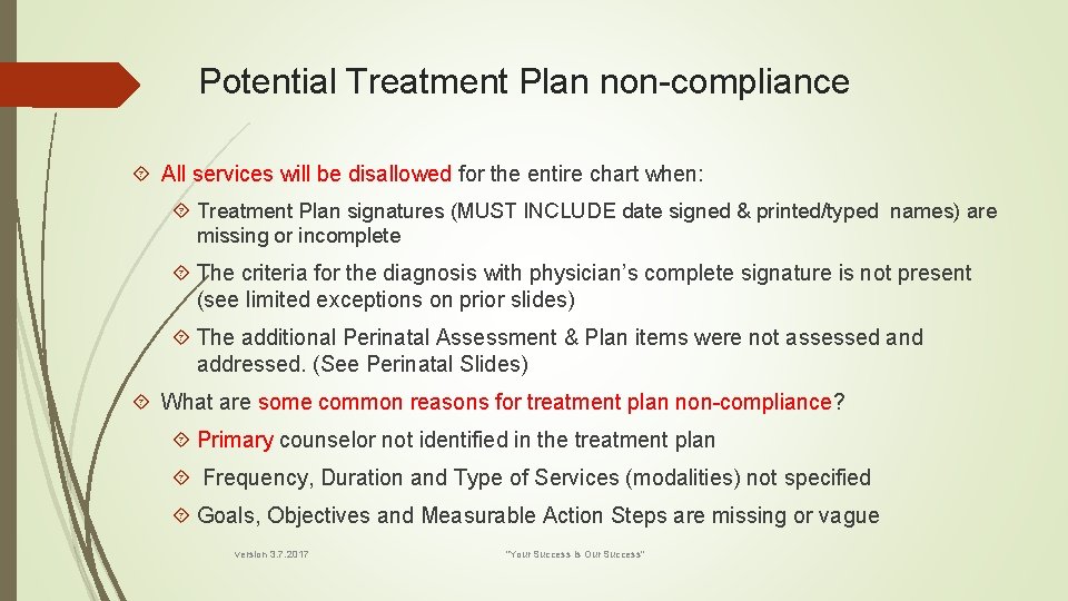 Potential Treatment Plan non-compliance All services will be disallowed for the entire chart when: