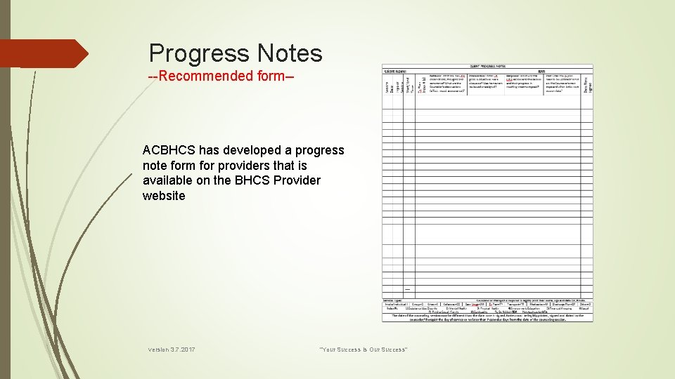 Progress Notes --Recommended form-- ACBHCS has developed a progress note form for providers that