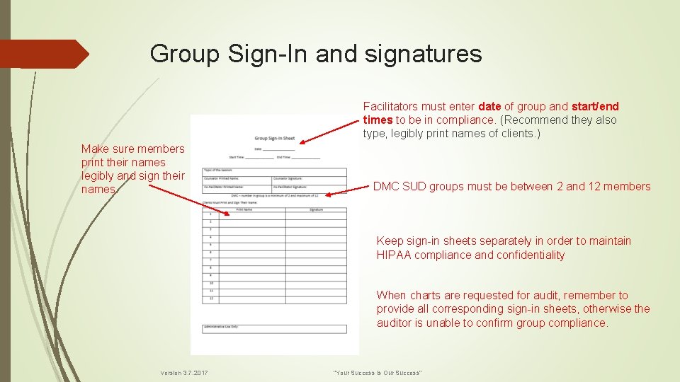 Group Sign-In and signatures Facilitators must enter date of group and start/end times to
