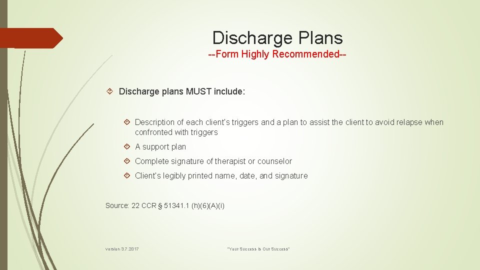 Discharge Plans --Form Highly Recommended-- Discharge plans MUST include: Description of each client’s triggers