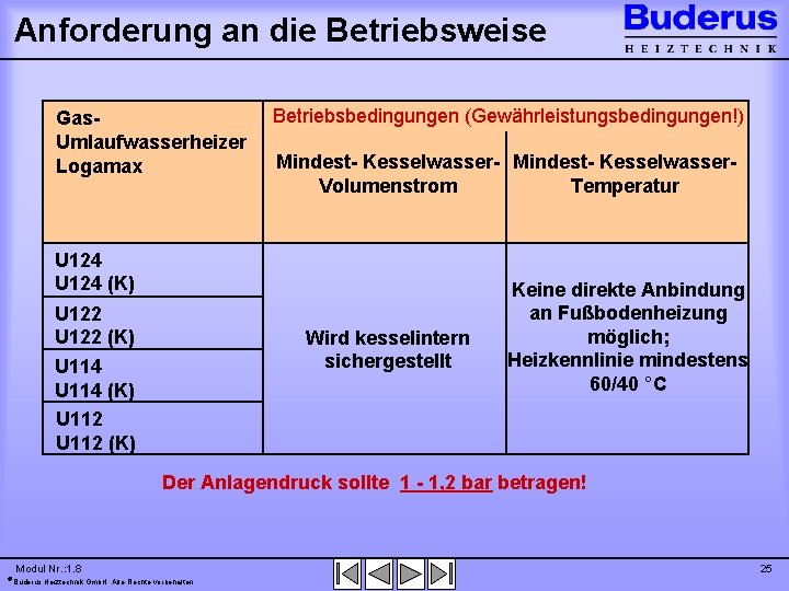 Anforderung an die Betriebsweise Gas. Umlaufwasserheizer Logamax Betriebsbedingungen (Gewährleistungsbedingungen!) Mindest- Kesselwasser- Mindest- Kesselwasser. Temperatur