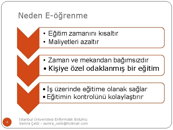 Neden E-öğrenme • Eğitim zamanını kısaltır • Maliyetleri azaltır • Zaman ve mekandan bağımsızdır