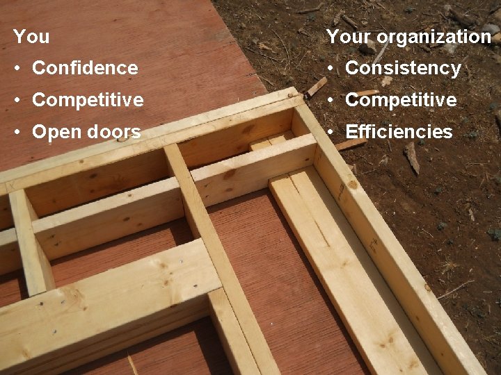 5 Your organization • Confidence • Consistency • Competitive • Open doors • Efficiencies