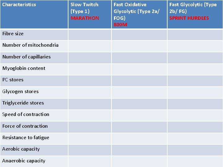 Characteristics Fibre size Number of mitochondria Number of capillaries Myoglobin content PC stores Glycogen
