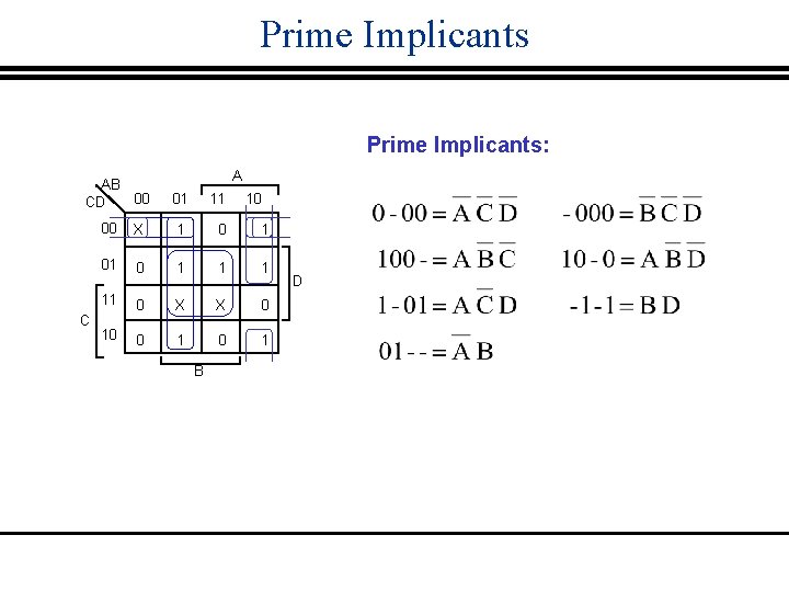 Prime Implicants: AB CD C A 00 01 11 00 X 1 01 0