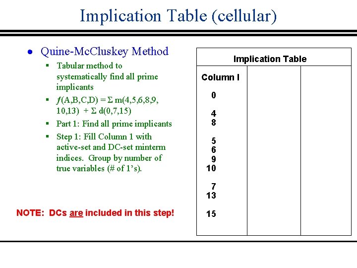 Implication Table (cellular) · Quine-Mc. Cluskey Method § Tabular method to systematically find all