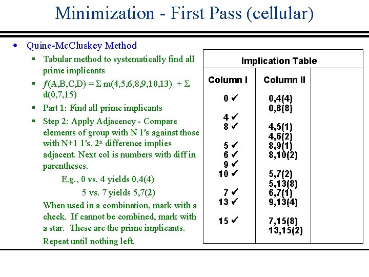 Minimization - First Pass (cellular) · Quine-Mc. Cluskey Method § Tabular method to systematically