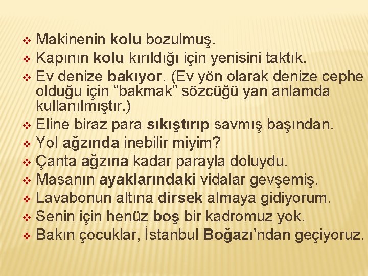 Makinenin kolu bozulmuş. v Kapının kolu kırıldığı için yenisini taktık. v Ev denize bakıyor.