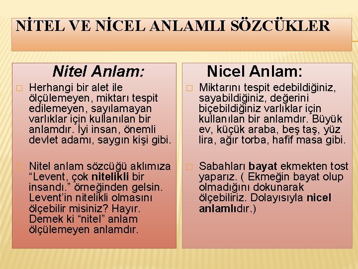 NİTEL VE NİCEL ANLAMLI SÖZCÜKLER Nitel Anlam: � Herhangi bir alet ile ölçülemeyen, miktarı