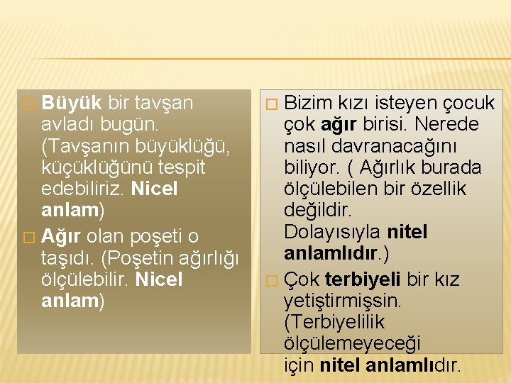 Büyük bir tavşan avladı bugün. (Tavşanın büyüklüğü, küçüklüğünü tespit edebiliriz. Nicel anlam) � Ağır