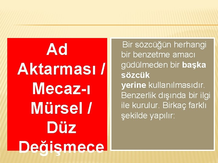 Ad Aktarması / Mecaz-ı Mürsel / Düz Değişmece Bir sözcüğün herhangi bir benzetme amacı
