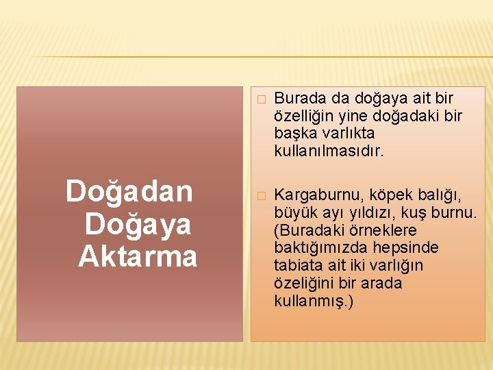 Doğadan Doğaya Aktarma � Burada da doğaya ait bir özelliğin yine doğadaki bir başka