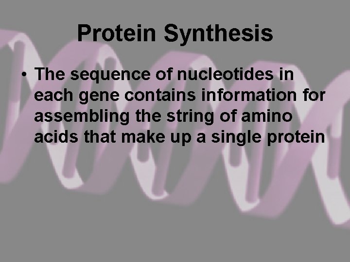 Protein Synthesis • The sequence of nucleotides in each gene contains information for assembling