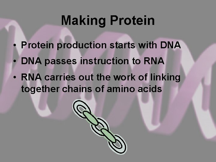 Making Protein • Protein production starts with DNA • DNA passes instruction to RNA