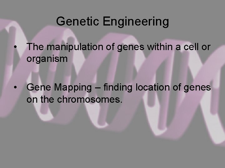 Genetic Engineering • The manipulation of genes within a cell or organism • Gene