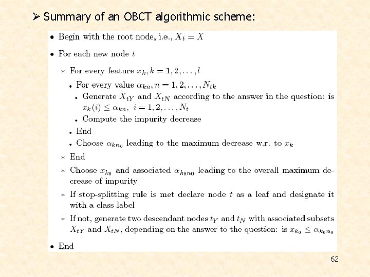 Ø Summary of an OBCT algorithmic scheme: 62  Ø Summary of an OBCT algorithmic scheme: 62