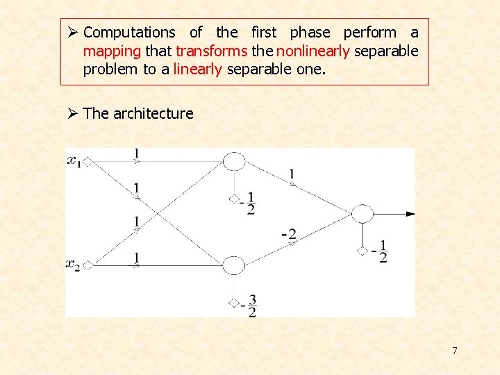Ø Computations of the first phase perform a mapping that transforms the nonlinearly separable Ø Computations of the first phase perform a mapping that transforms the nonlinearly separable