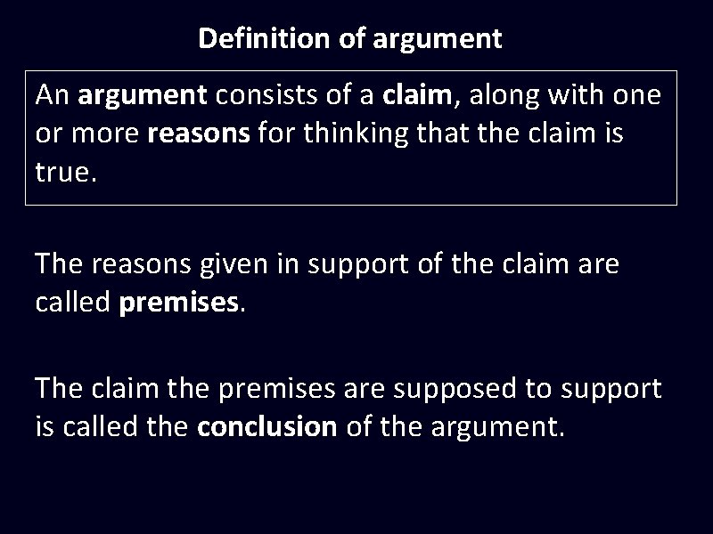 Definition of argument An argument consists of a claim, along with one or more