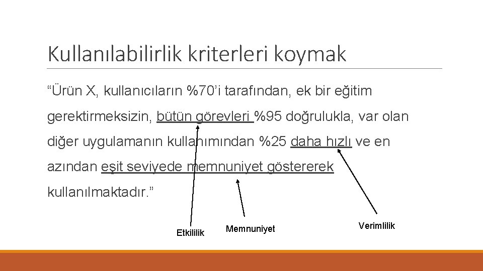 Kullanılabilirlik kriterleri koymak “Ürün X, kullanıcıların %70’i tarafından, ek bir eğitim gerektirmeksizin, bütün görevleri