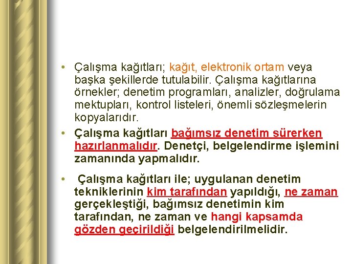  • Çalışma kağıtları; kağıt, elektronik ortam veya başka şekillerde tutulabilir. Çalışma kağıtlarına örnekler;