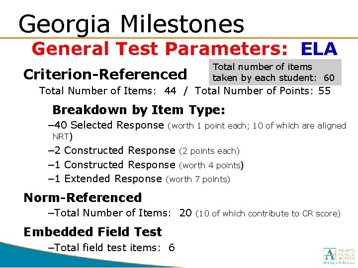 Georgia Milestones General Test Parameters: ELA Criterion-Referenced Total number of items taken by each