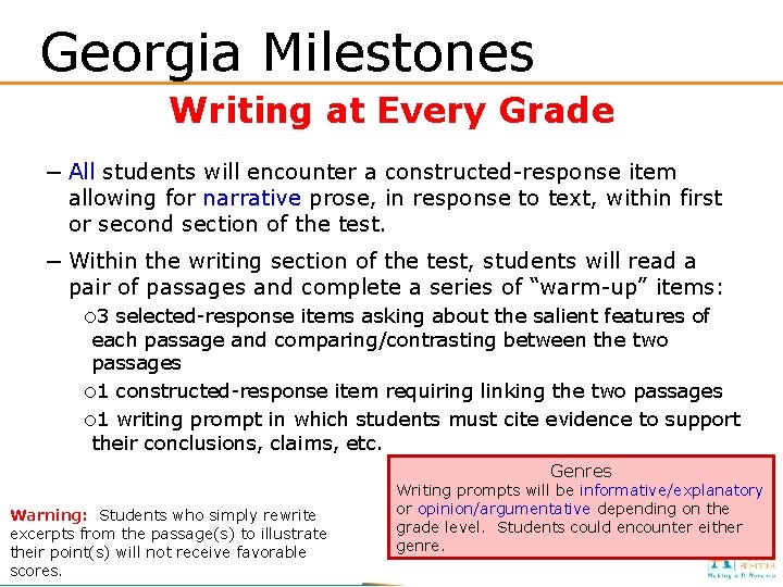 Georgia Milestones Writing at Every Grade – All students will encounter a constructed-response item