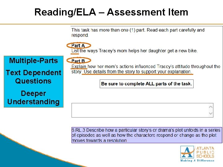 Reading/ELA – Assessment Item Multiple-Parts Text Dependent Questions Deeper Understanding 