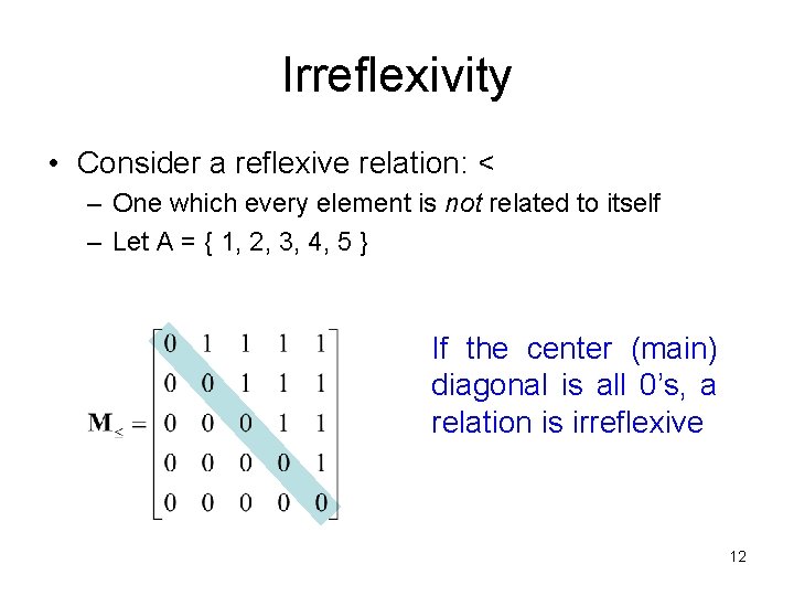 Irreflexivity • Consider a reflexive relation: < – One which every element is not