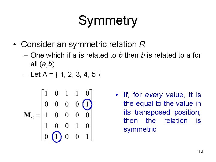 Symmetry • Consider an symmetric relation R – One which if a is related