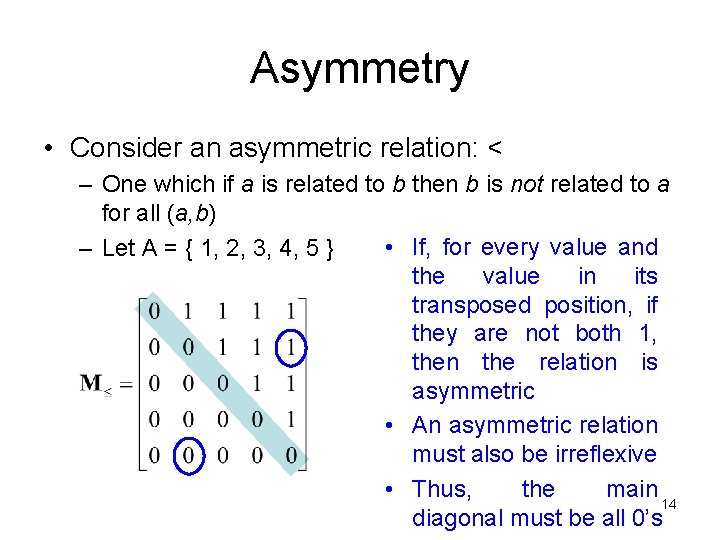 Asymmetry • Consider an asymmetric relation: < – One which if a is related