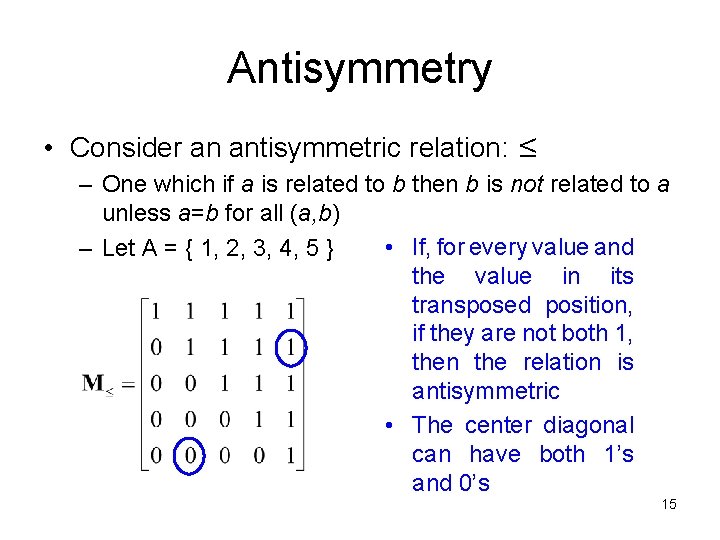 Antisymmetry • Consider an antisymmetric relation: ≤ – One which if a is related